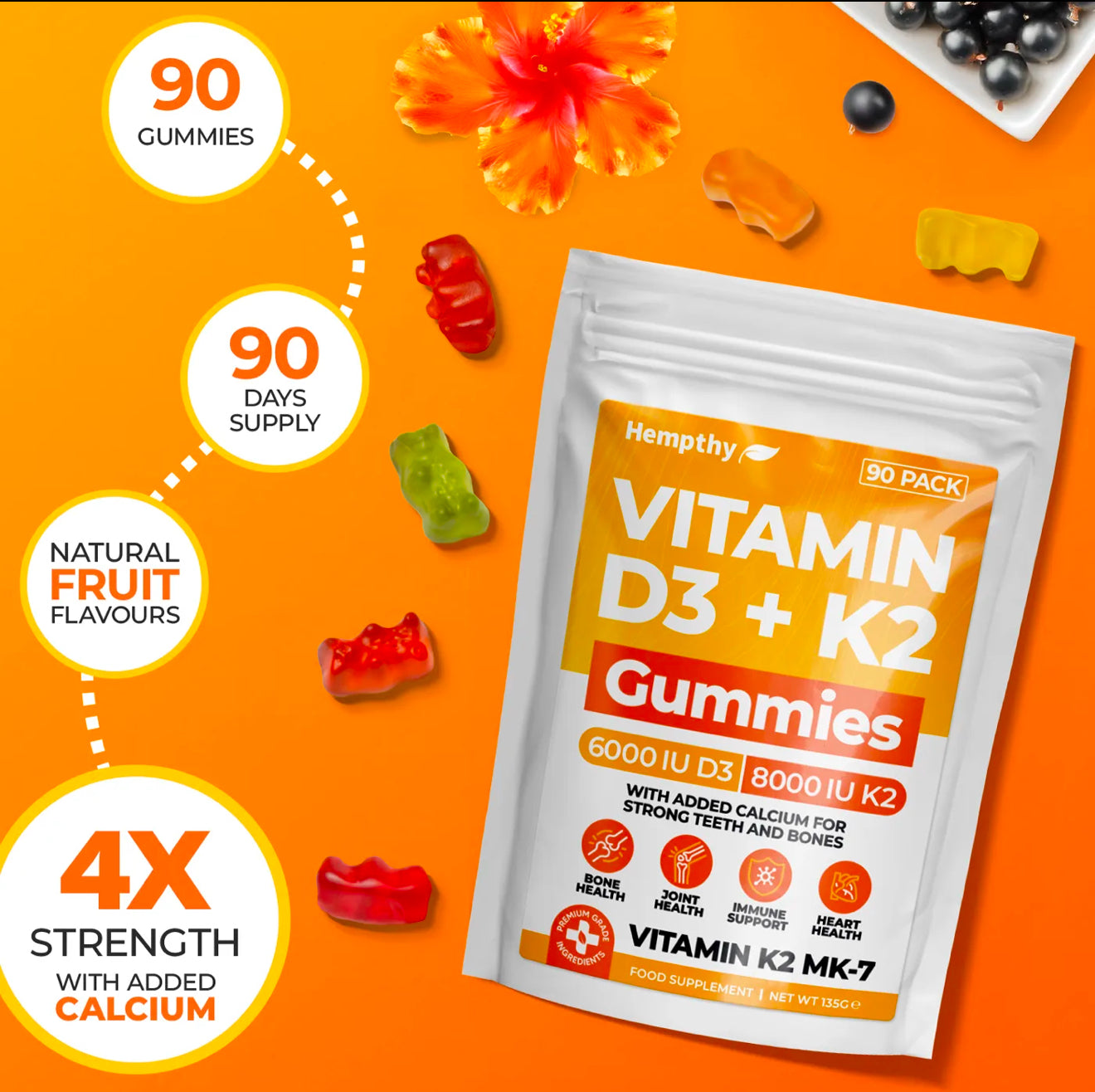 Hempthy Vitamin D3 & K2 Gummies 90 Pack