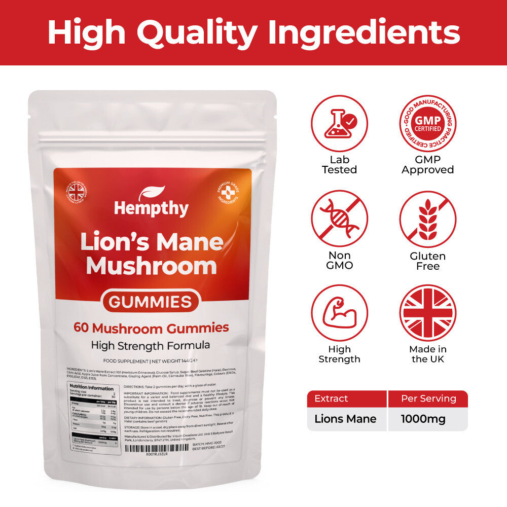 Hempthy Health Supplement Lions Mane Mushroom Gummies 60 Pack High Strength Premium Grade