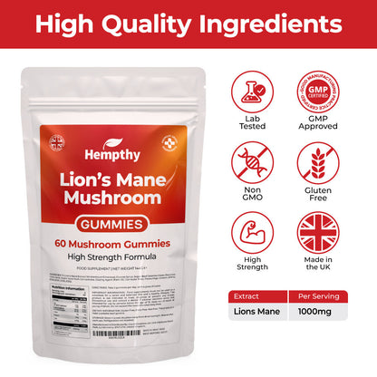 Hempthy Health Supplement Lions Mane Mushroom Gummies 60 Pack High Strength Premium Grade