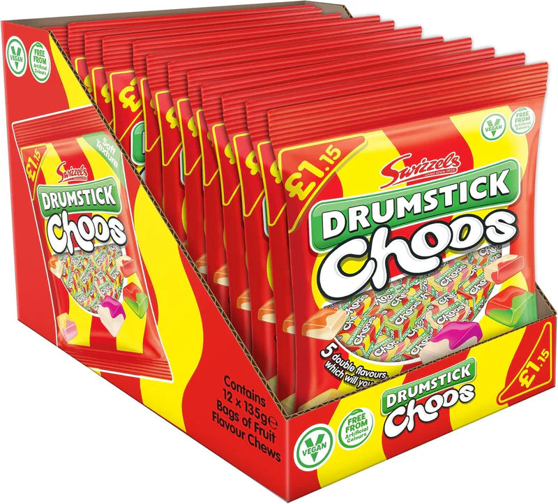 Swizzels Drumstick Choos – 12 Pack (Vegan Friendly, Soft & Chewy)