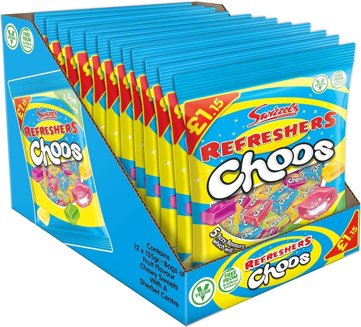 Swizzels Refreshers Choos – Soft Texture Chews (Vegan) – Case of 12 × 115g