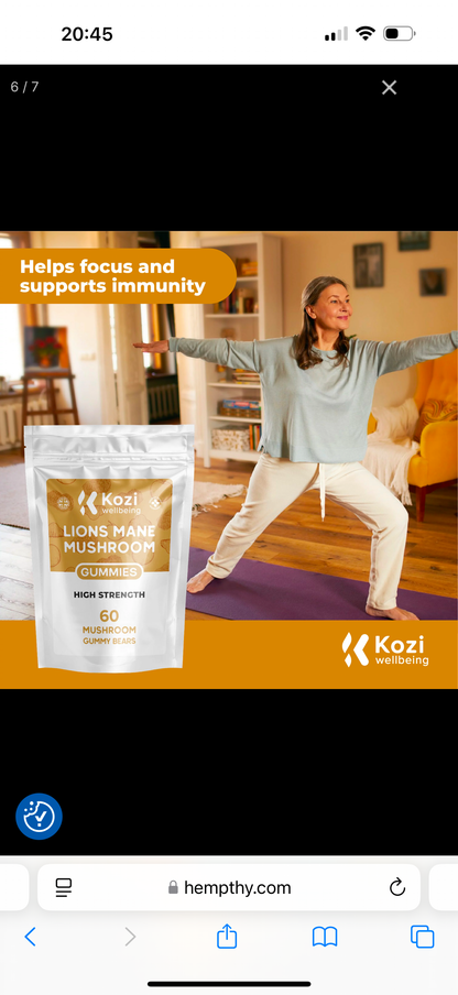 Kozi Wellbeing Health Supplement Lions Mane Mushroom Gummies 60 Pack High Strength