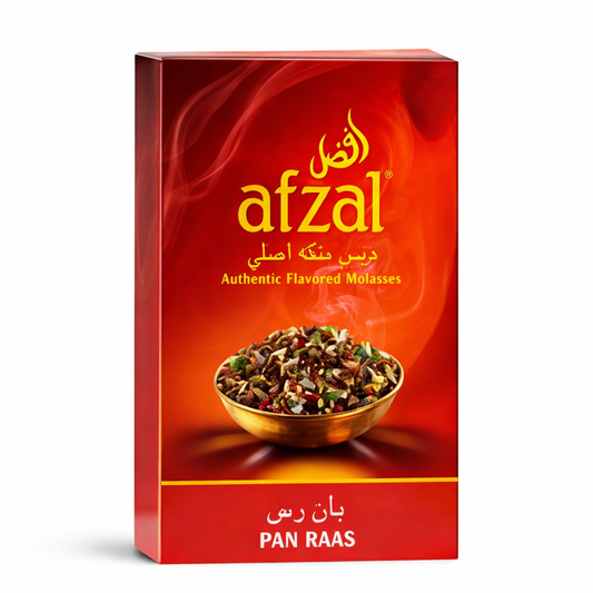 Afzal Pan Raas Shisha Molasses 50g loose pack with traditional paan flavour packaging on a clean white background.