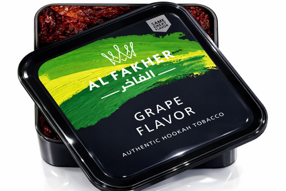 Al Fakher hookah molasses tub with yellow‑green design and glossy black lid displayed on a pure white background.