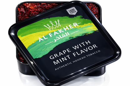 Al Fakher hookah molasses tub with yellow‑green design and glossy black lid displayed on a pure white background.
