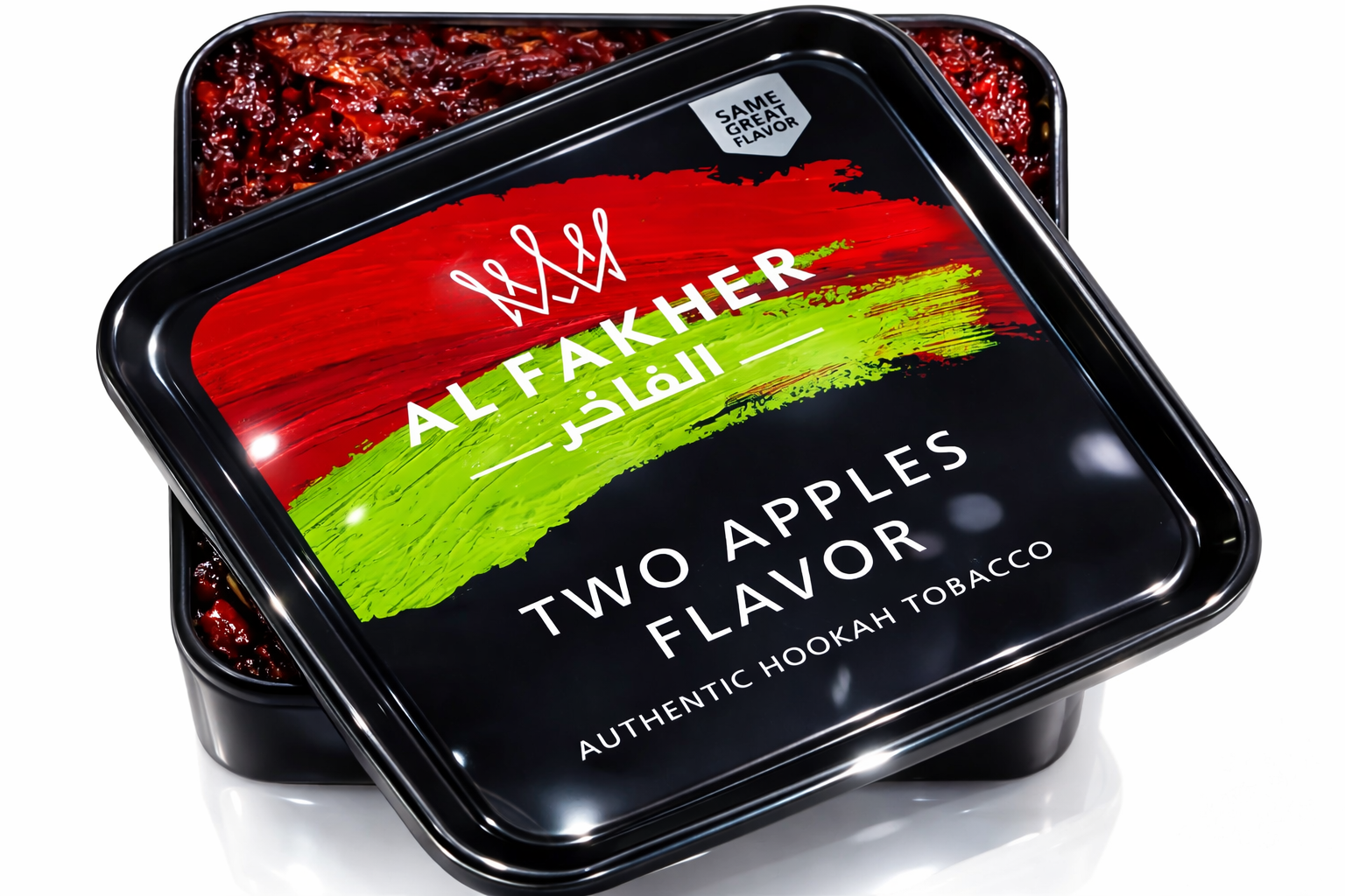 Al Fakher hookah molasses tub with red‑green design and glossy black lid displayed on a pure white background.