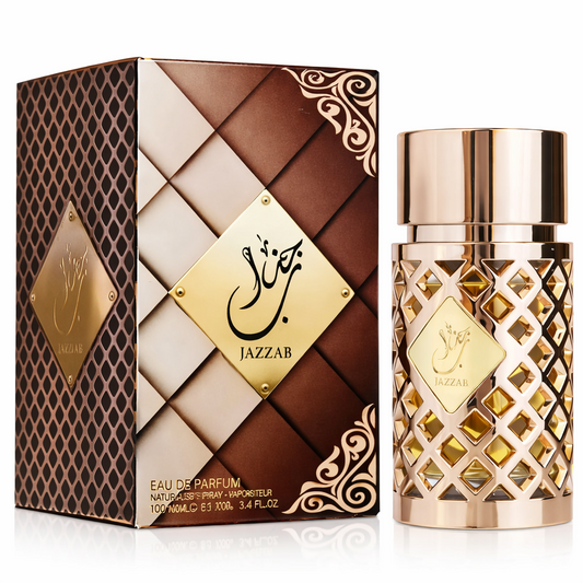 Jazzab Gold by Ard Al Zaafaran Eau De Parfum 100ml bottle and box shown in premium gold‑themed branded packaging on a pure white background.