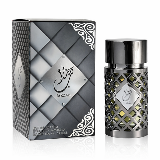 Jazzab Silver by Ard Al Zaafaran Eau De Parfum 100ml – metallic silver lattice perfume bottle with matching diamond‑patterned box, displayed on a pure white background with a glossy finish.