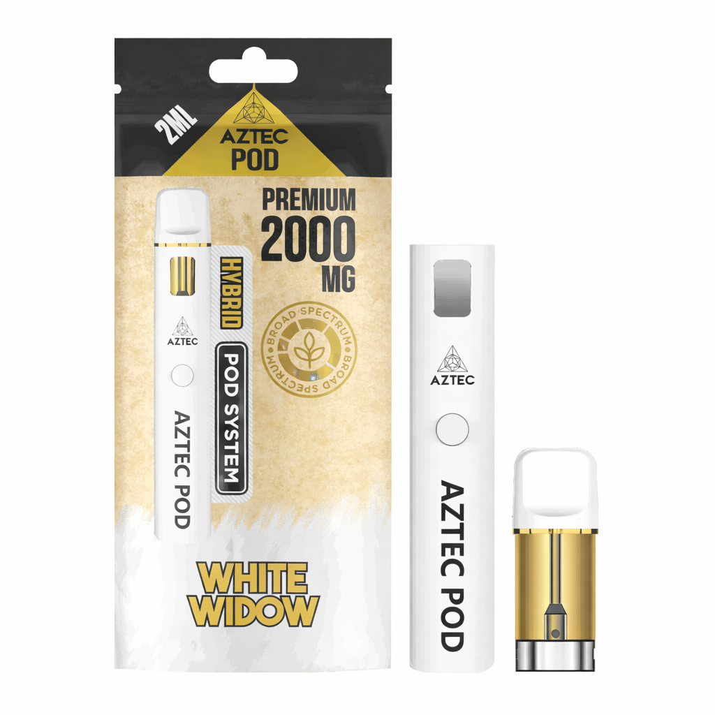 Aztec White Widow rechargeable vape kit displayed on a pure white background with clear label detailing and gold pod design.