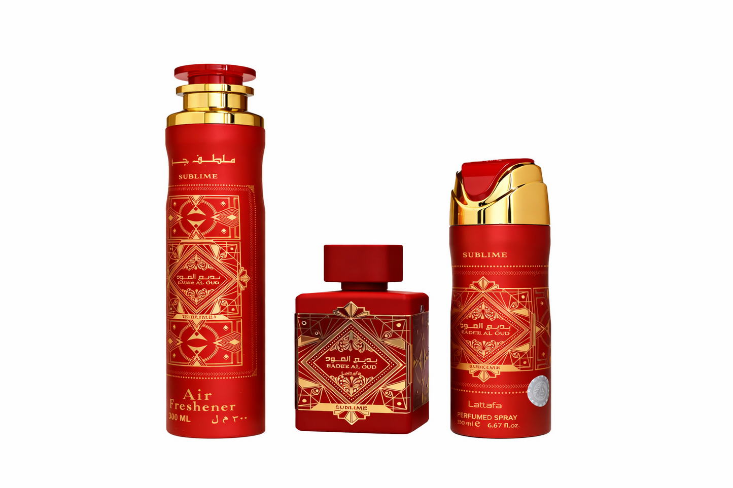 Lattafa Bade’e Al Oud Gift Set shown with Eau de Parfum bottle, deodorant spray and air freshener in premium red‑and‑gold on a pure white background.