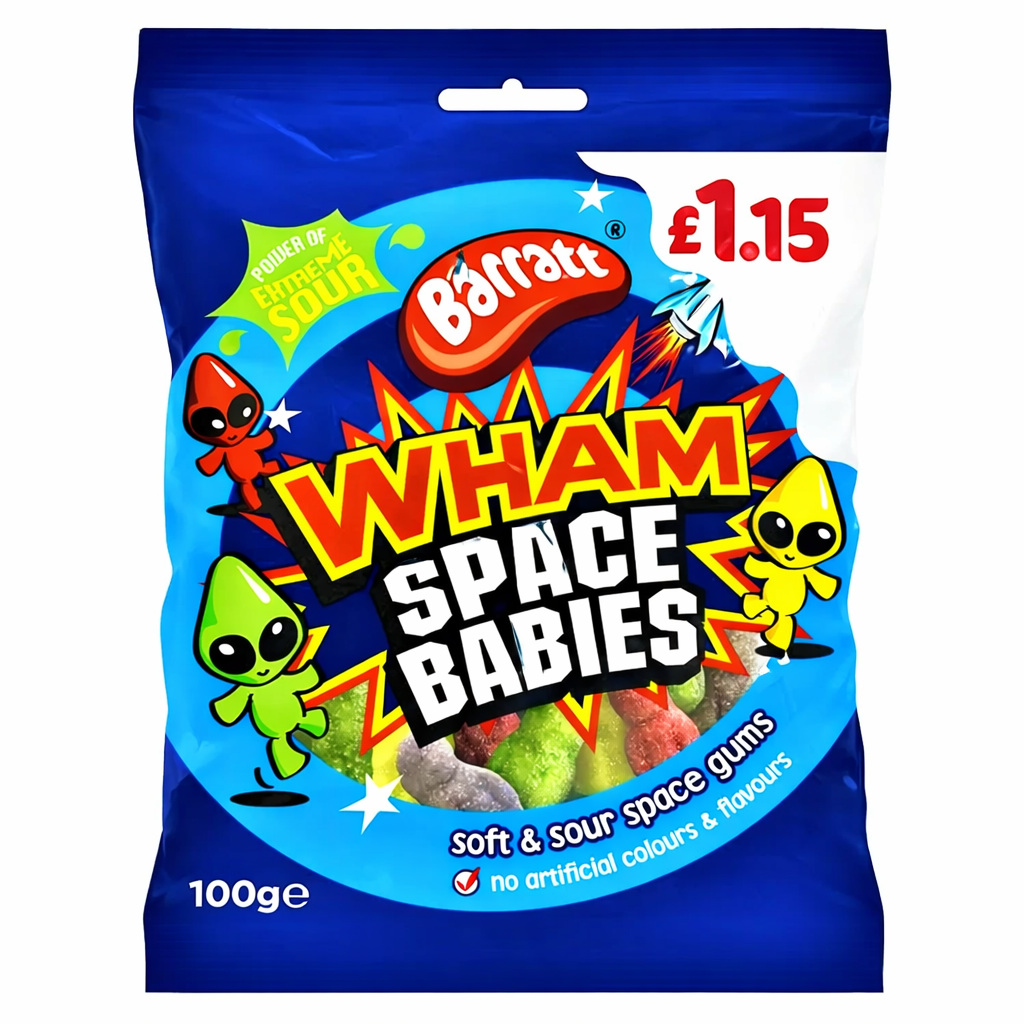 Barratt Wham Space Babies 100g bag shown upright with blue branded packaging and cartoon space characters on a pure white background.