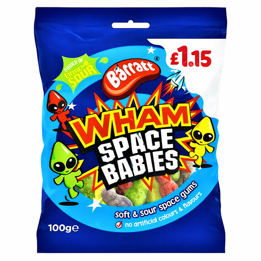 Barratt Wham Space Babies 100g bag shown upright with blue branded packaging and cartoon space characters on a pure white background.