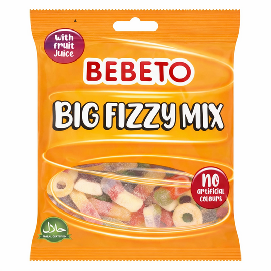 Packaging of BEBETO Big Fizzy Mix gummy candies on a pure white background.