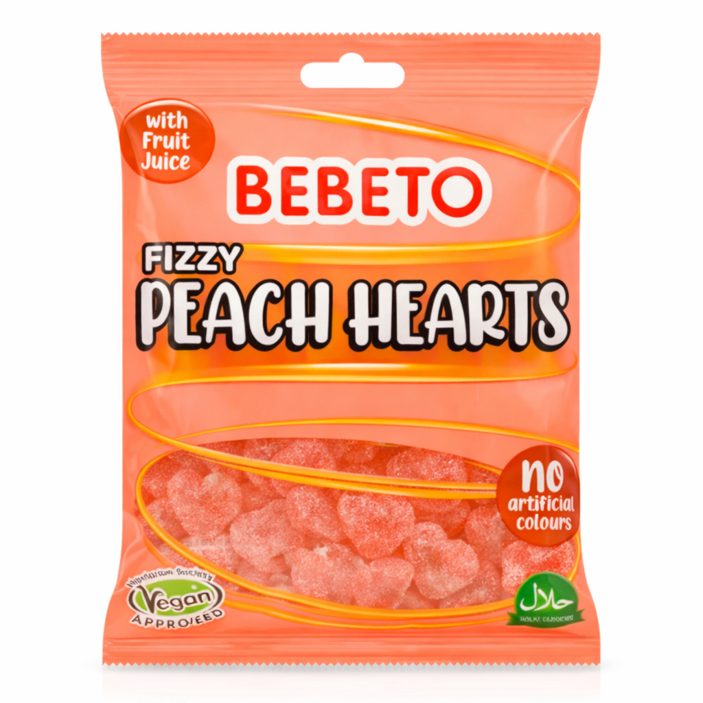 Packaging of BEBETO Fizzy Peach Hearts gummy candies on a pure white background.