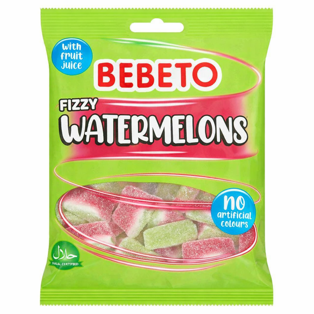 Green package of BEBETO Fizzy Watermelons gummy candies on a pure white background.