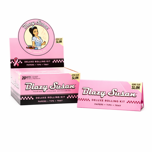 Blazy Susan Deluxe Rolling Kit box in pink, king size slim format, showing branded outer packaging displayed on a pure white background.