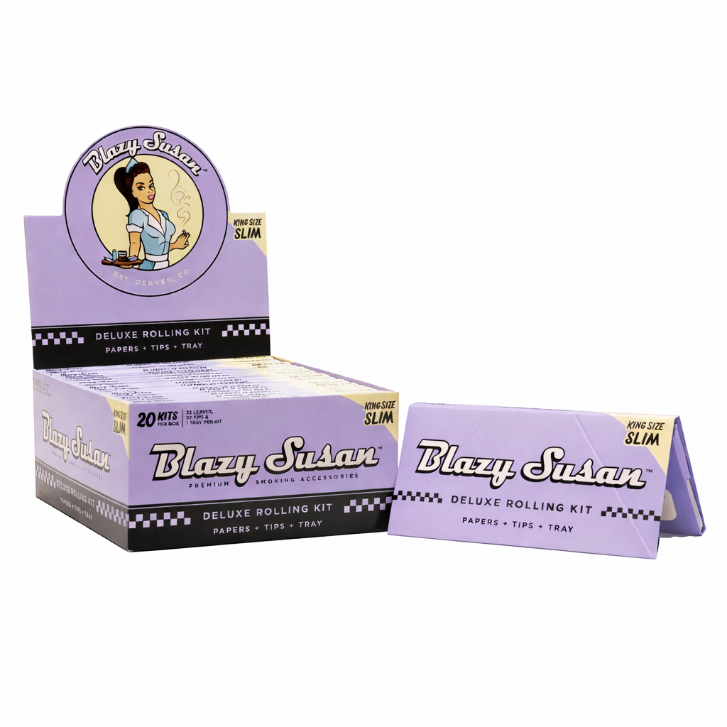 Blazy Susan Deluxe Rolling Kit box in purple, king size slim format, showing branded outer packaging displayed on a pure white background.