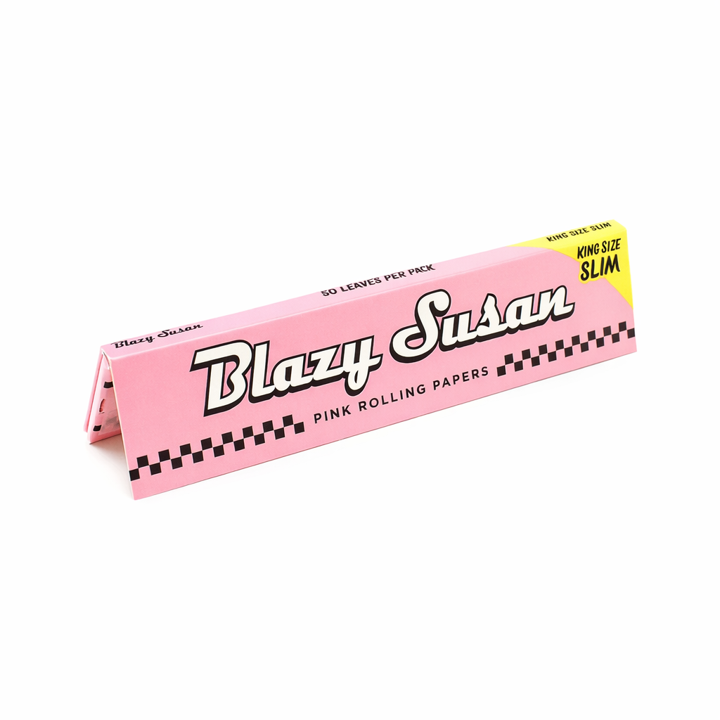 Blazy Susan King Size Slim rolling papers single pack shown in pink branded packaging on a pure white background.
