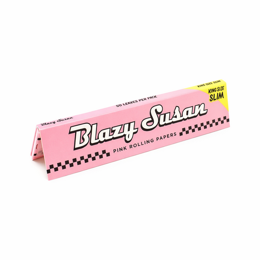 Blazy Susan King Size Slim rolling papers single pack shown in pink branded packaging on a pure white background.