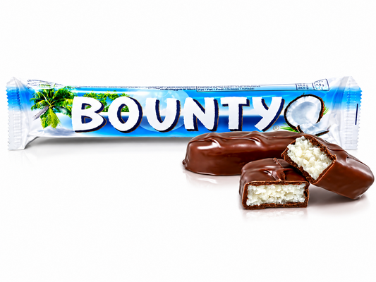 Bounty chocolate bar with a piece cut open to reveal coconut filling on a white background.