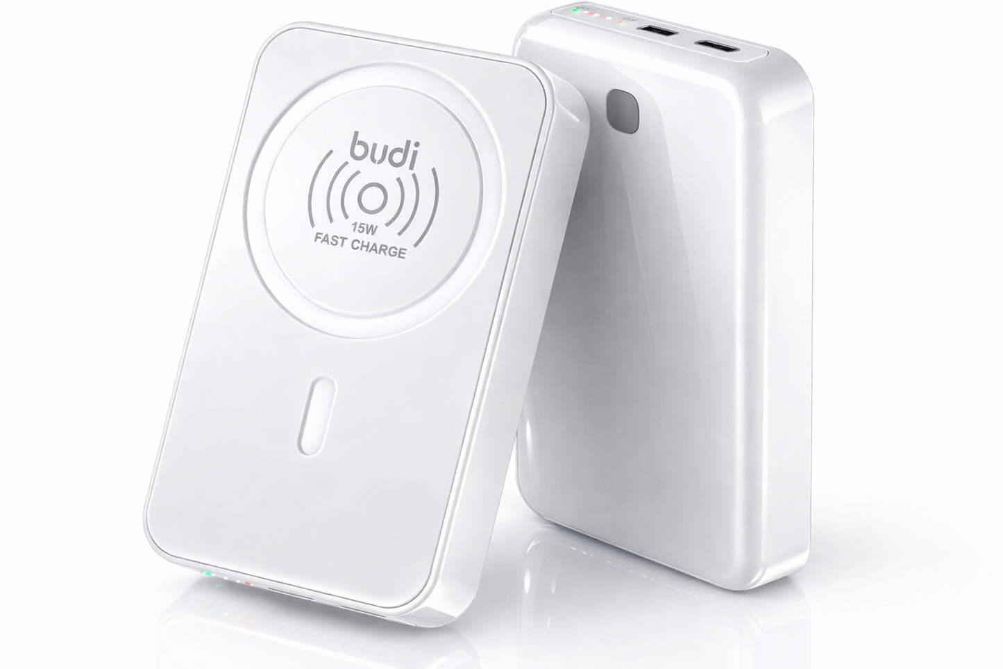 Two white wireless charging devices on a pure white background with 'budi' branding.