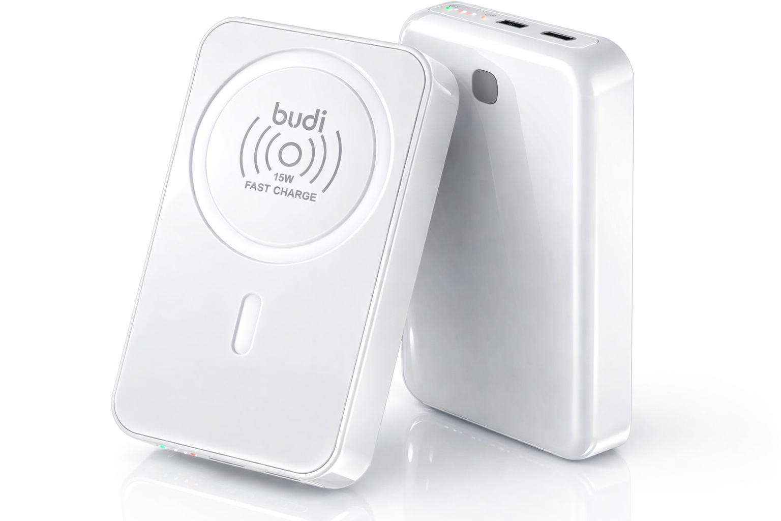 Two white wireless charging devices on a pure white background with 'budi' branding.