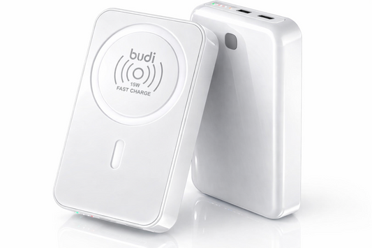 Two white wireless charging devices on a pure white background with 'budi' branding.