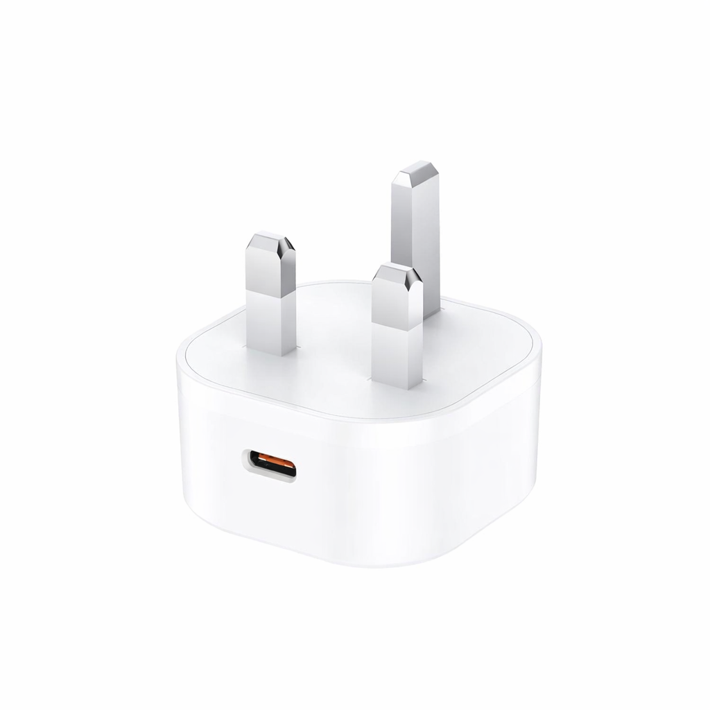 White USB-C wall adapter on a white background.