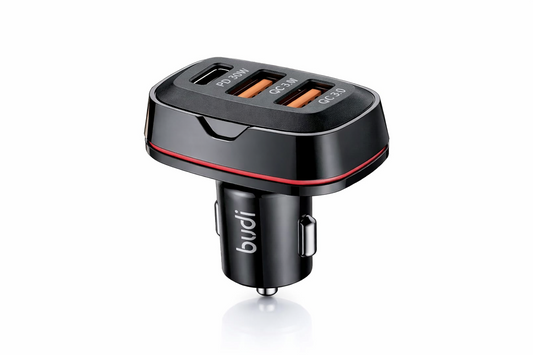 Black car charger with multiple ports on a white background