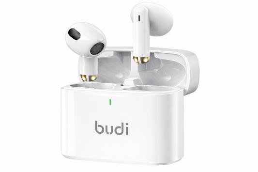 White wireless earbuds with charging case on a white background, featuring the brand 'budi'.