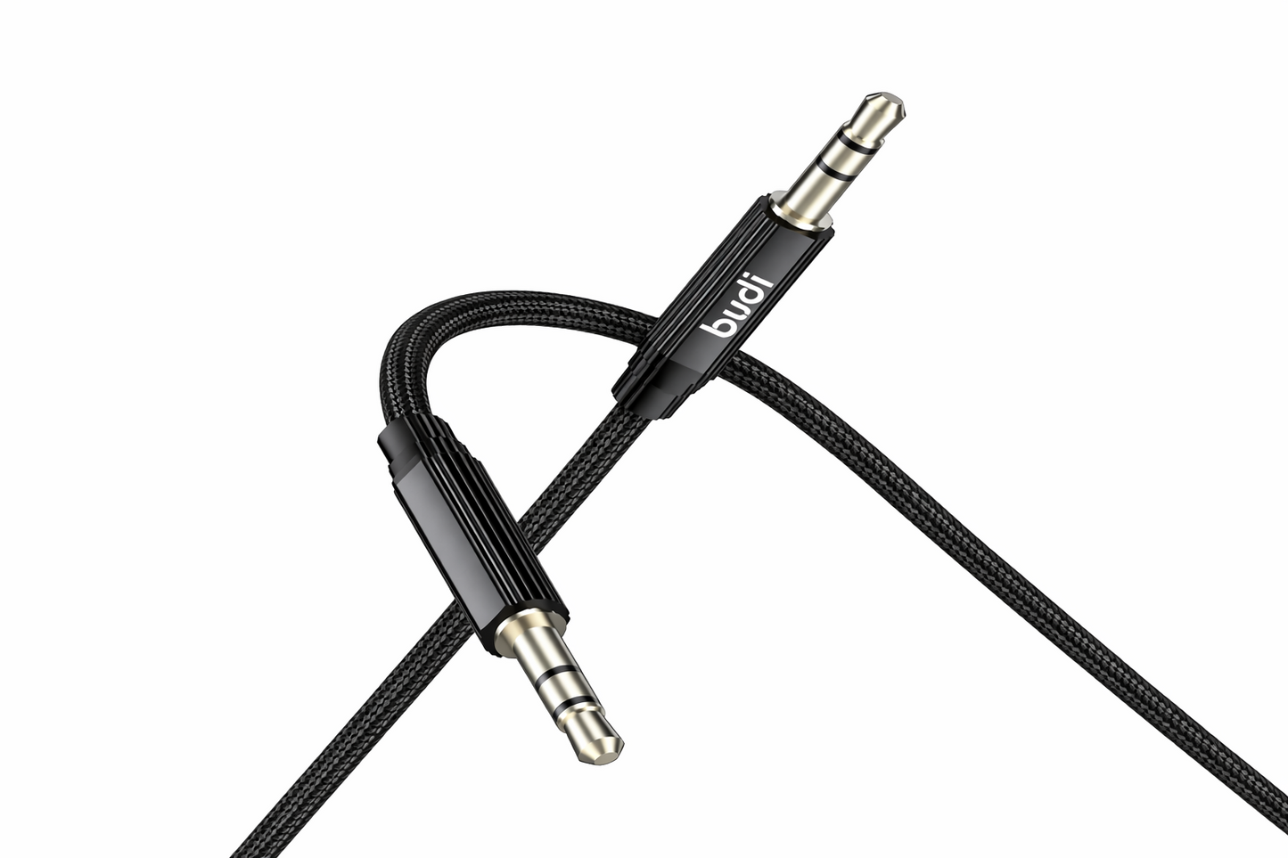 Black audio cable with 3.5mm connector on a white background