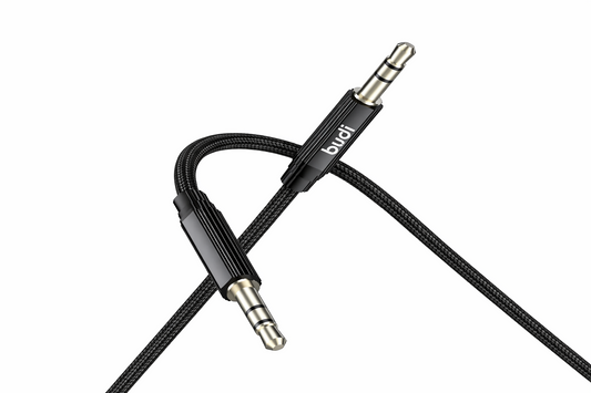 Black audio cable with 3.5mm connector on a white background