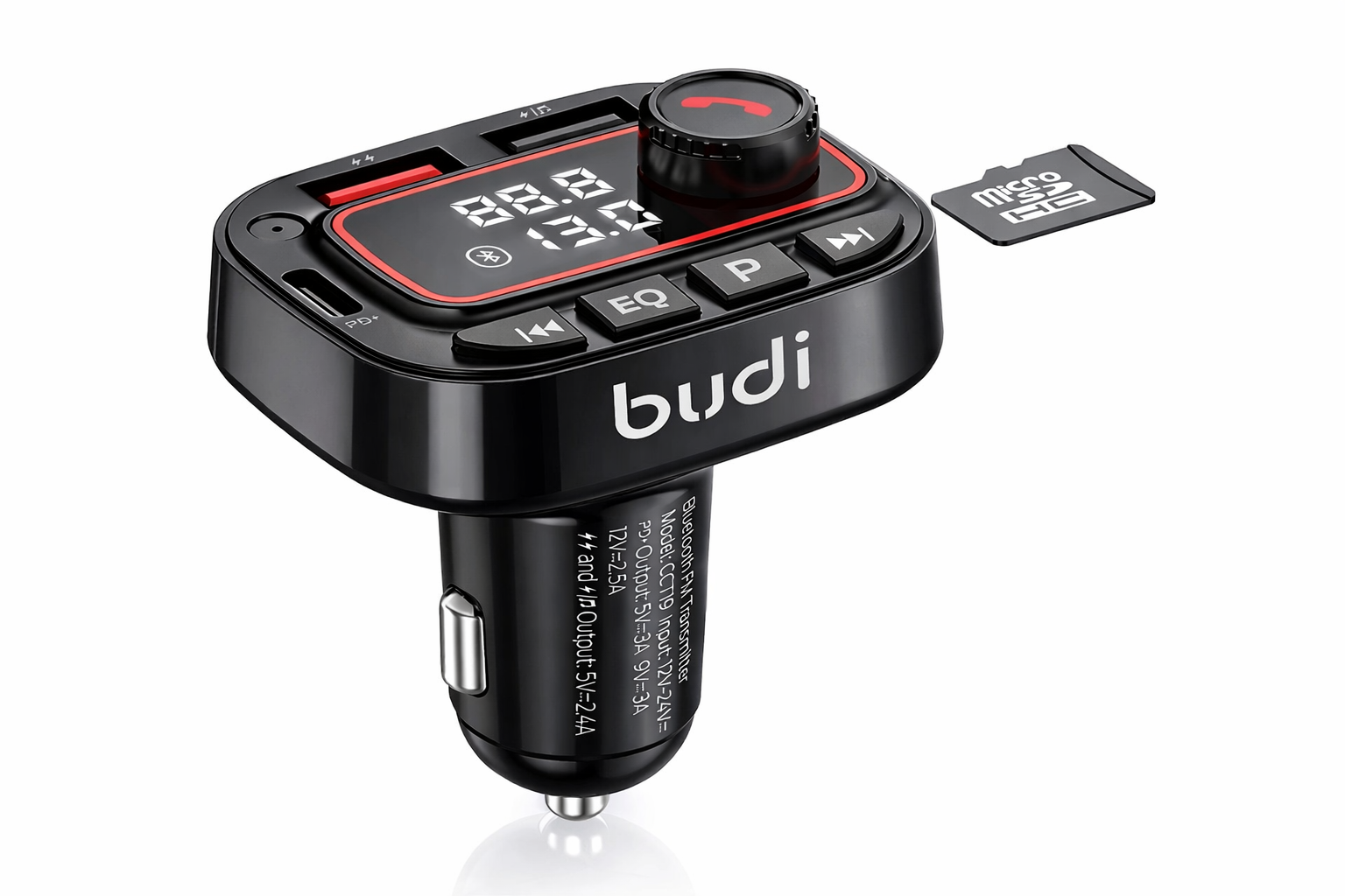 Budi Bluetooth FM Transmitter for car audio with wireless connectivity and FM tuning on a pure white background.