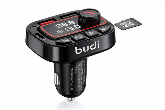 Budi Bluetooth FM Transmitter for car audio with wireless connectivity and FM tuning on a pure white background.
