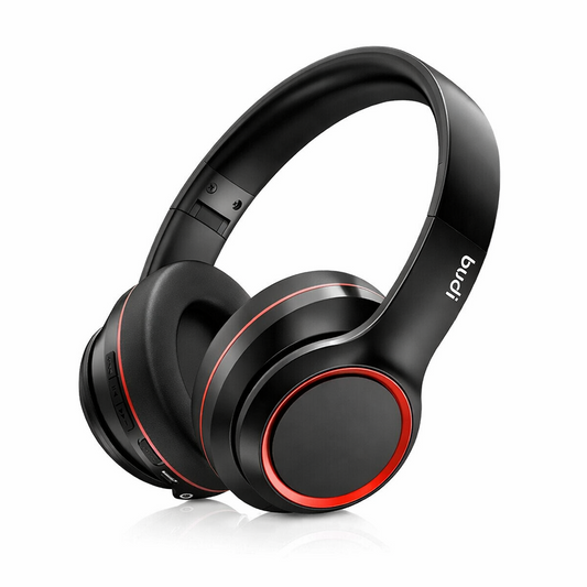 Black headphones with red accents on a white background