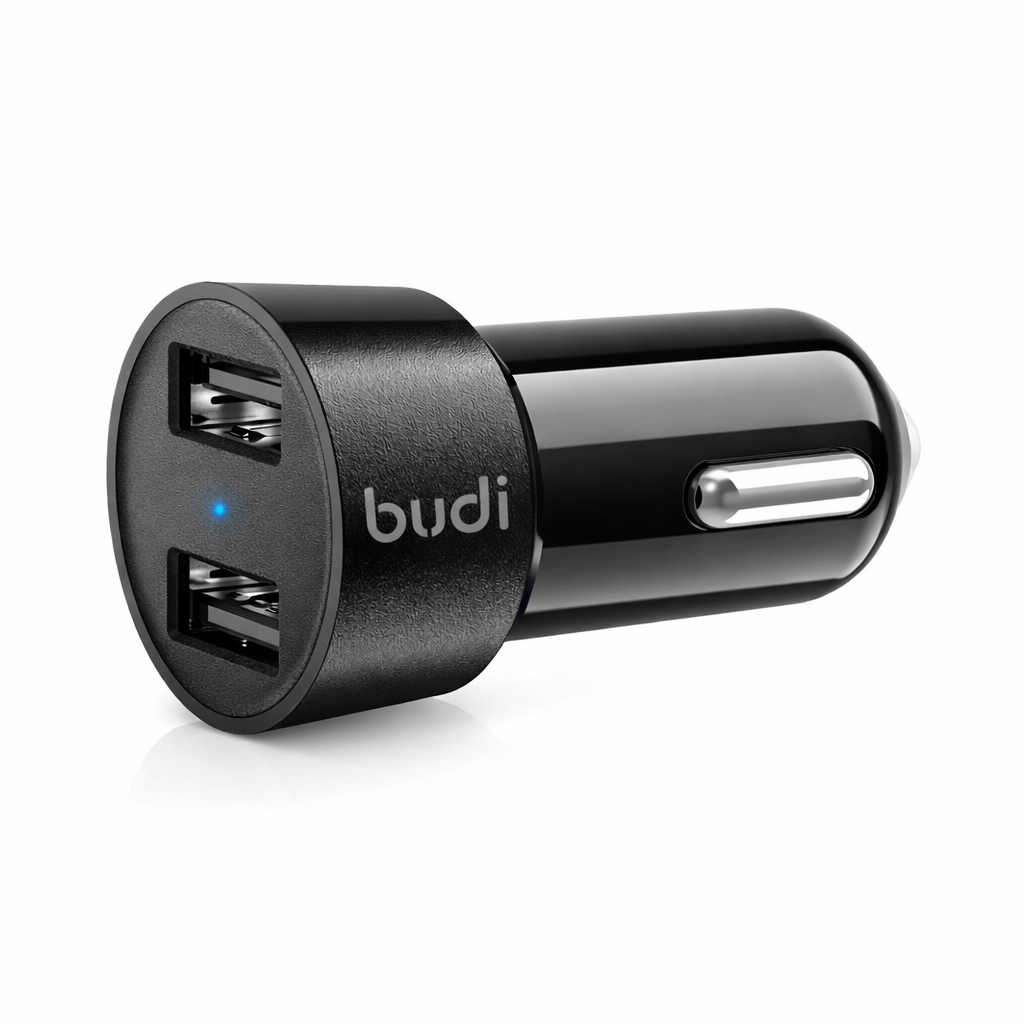 Black car charger with 'budi' branding on a white background