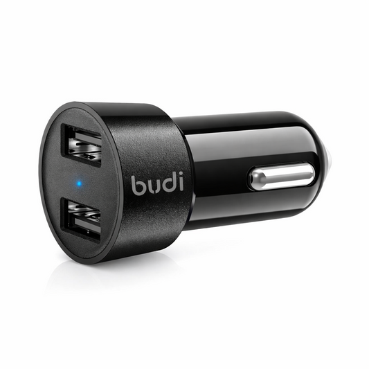 Black car charger with 'budi' branding on a white background