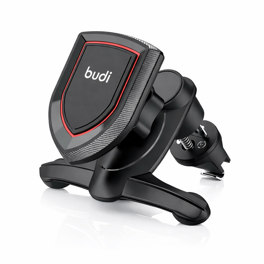 Black car phone holder with red accents on a white background, featuring the brand 'budi'.