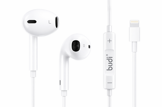 White earphones with a control and mic button, featuring the brand 'budi', on a white background.
