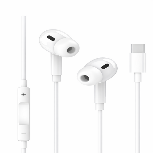White earphones with a cable and remote control on a white background