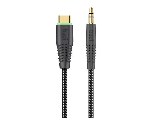 Budi Type C to Aux Connector Cable on a pure white background.
