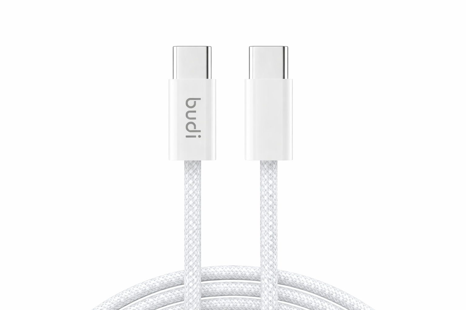 White charging cable with 'budi' branding on a white background