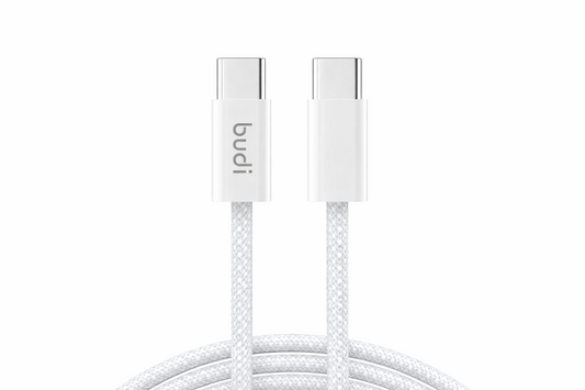 White charging cable with 'budi' branding on a white background