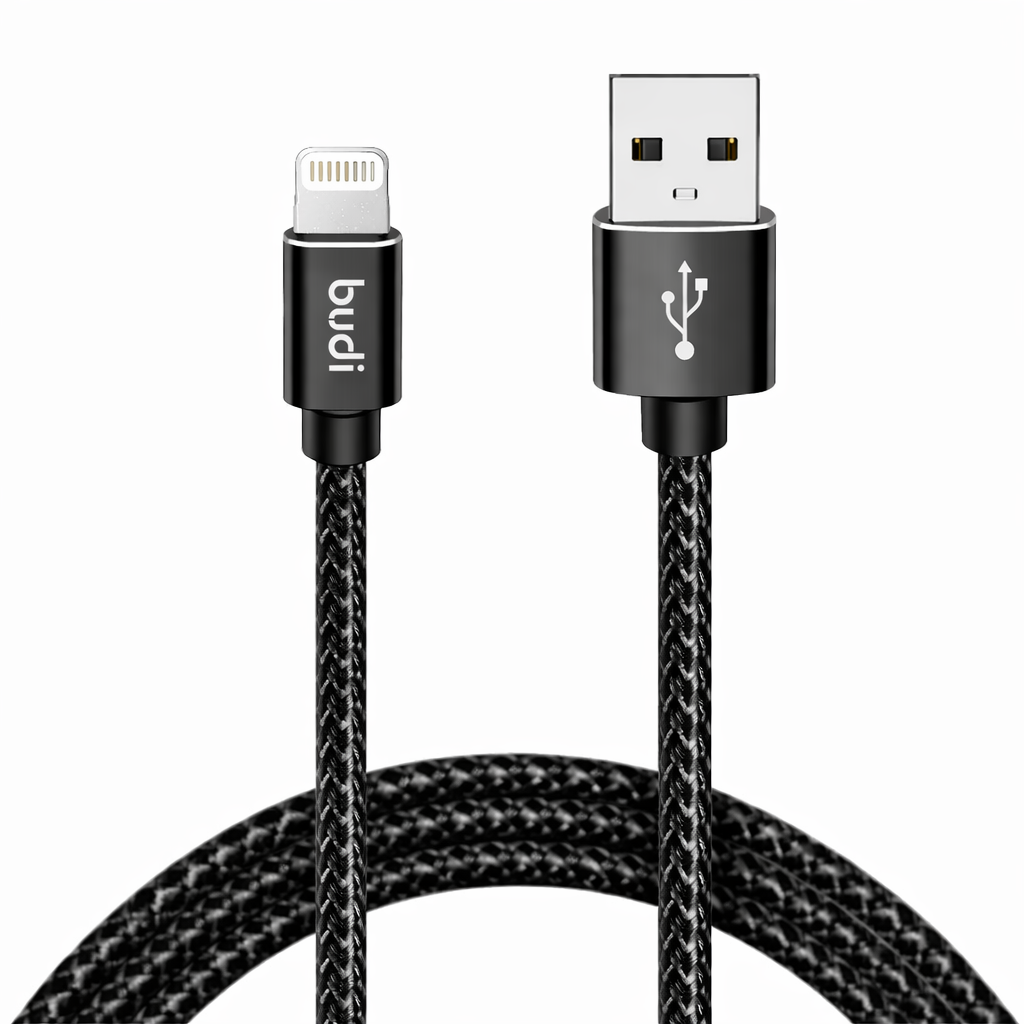 Black braided USB cable with Lightning and USB connectors on a white background, branded 'budi'.