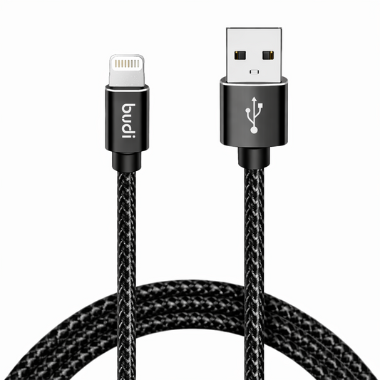 Black braided USB cable with Lightning and USB connectors on a white background, branded 'budi'.