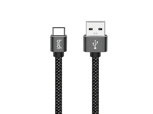 Budi USB to Type‑C Charging Sync Cable with black braided design and metallic connectors on a pure white background.