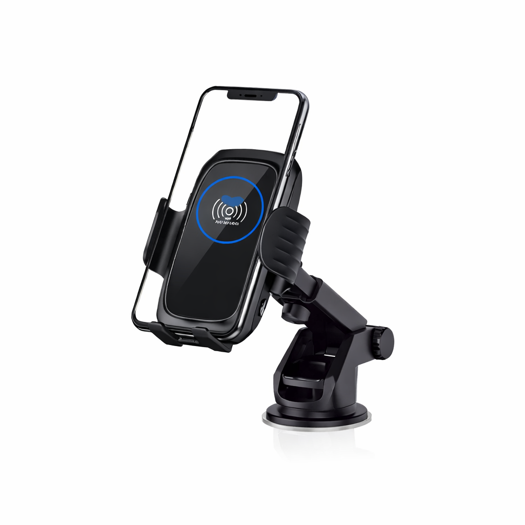 Black car phone holder with wireless charging feature on a white background