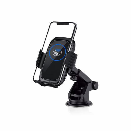Black car phone holder with wireless charging feature on a white background