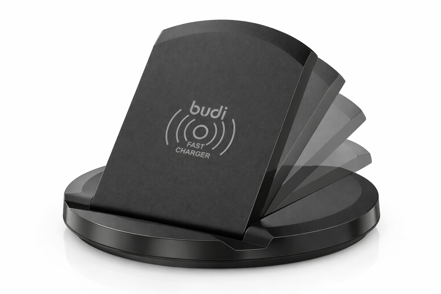 Budi wireless charge dock on a pure white background.