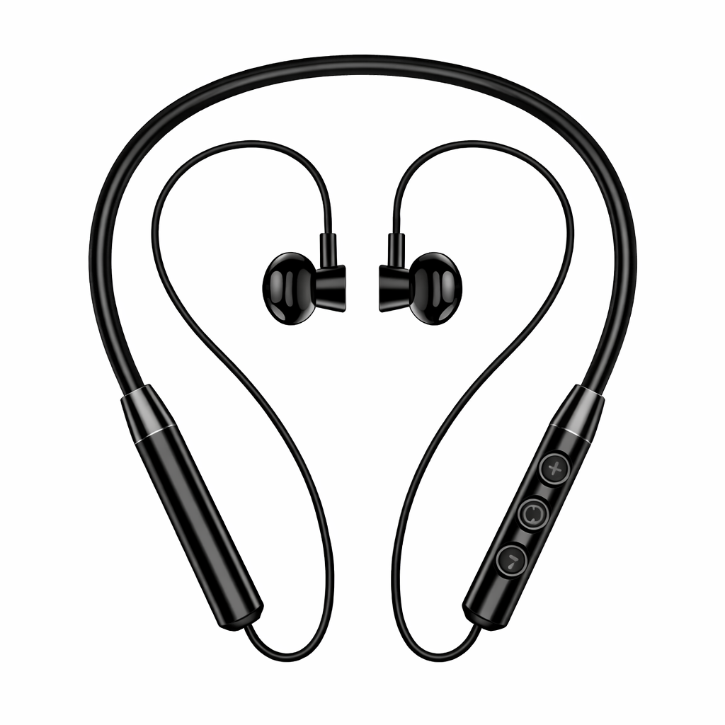 Black wireless earbuds with neckband on a white background